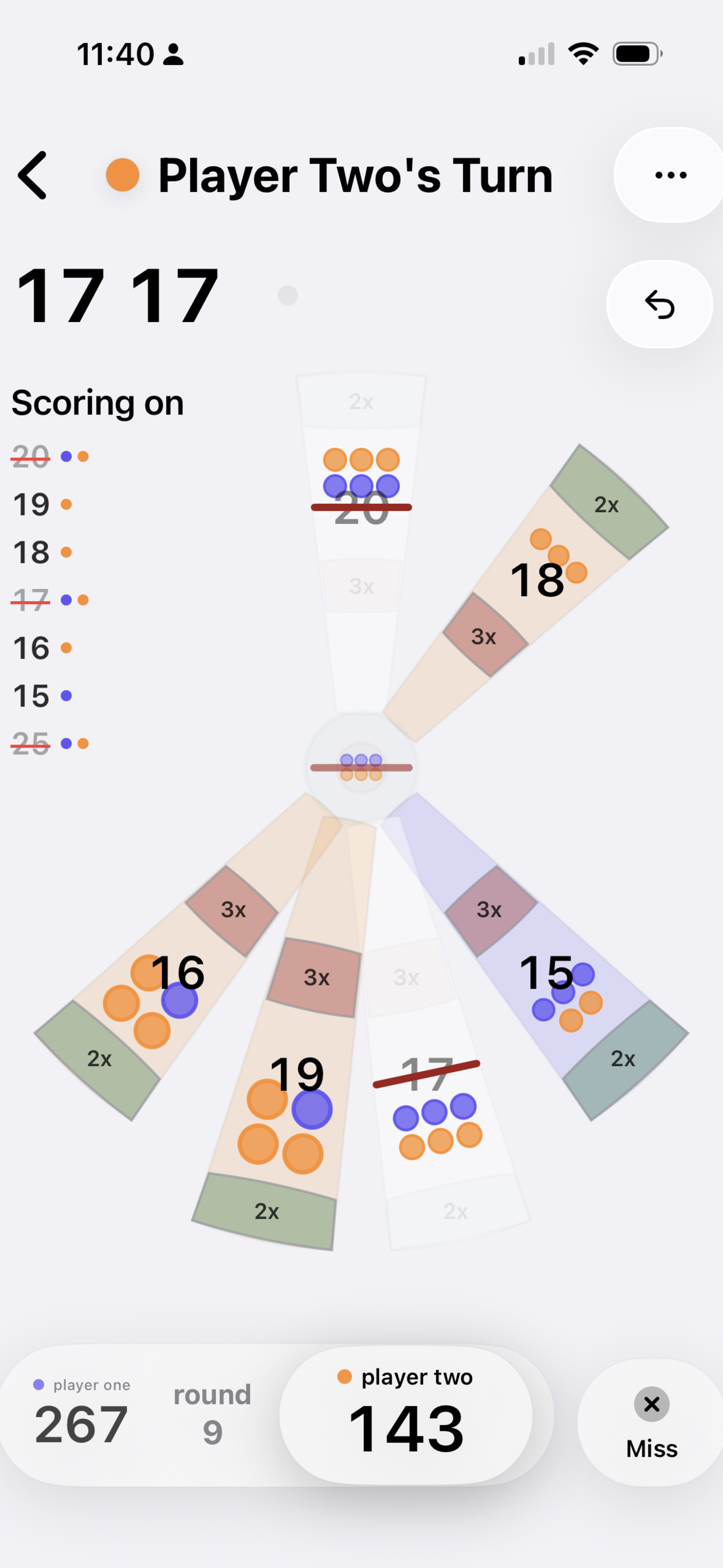 Cricket Scoreboard app showing a darts cricket game in progress.